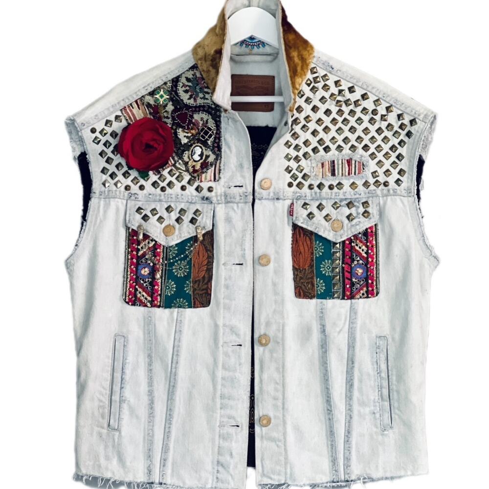 Levi's Hand Customized Brass Studded Patchwork Denim Vest , up cycled One of one